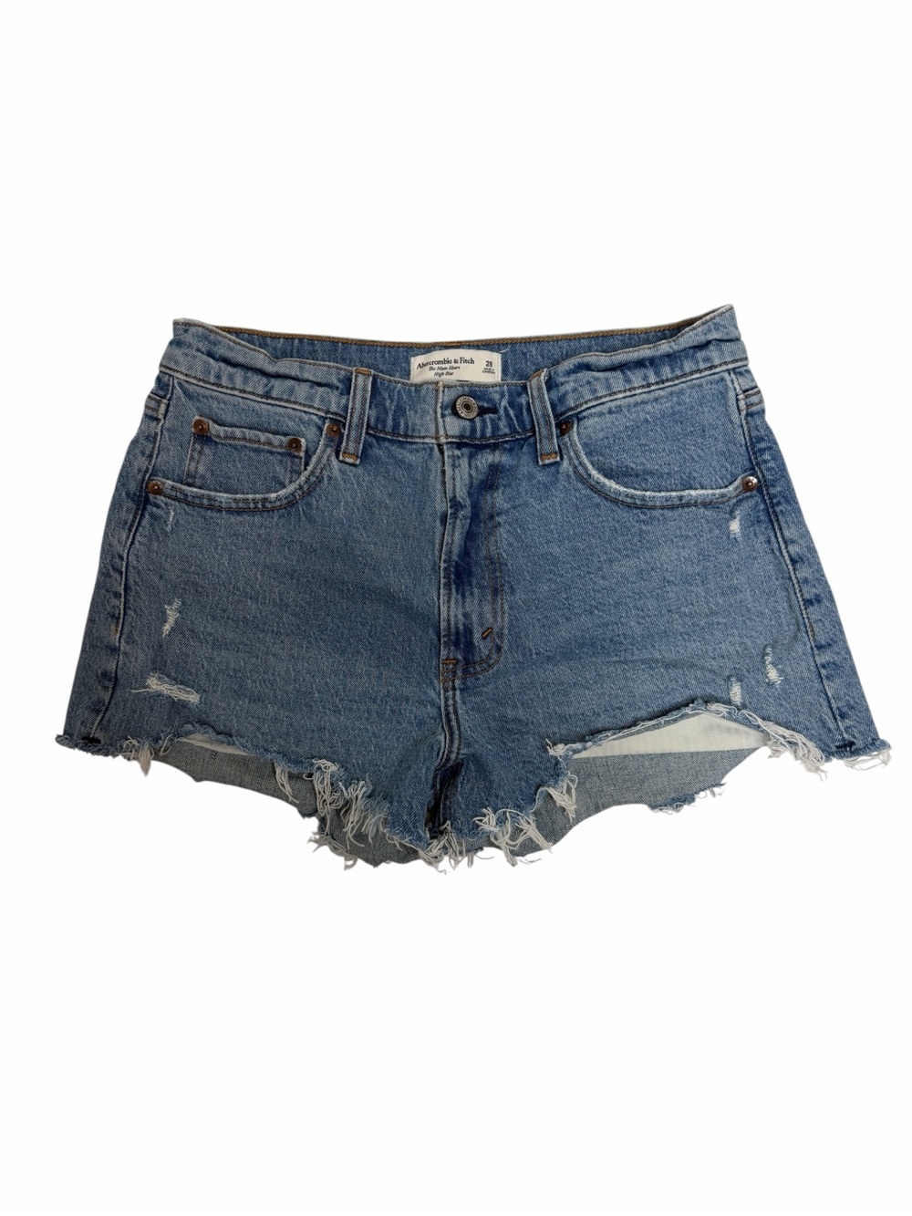 Abercrombie Mom High Rise Distressed Denim Shorts Size 28 Raw Hem Blue